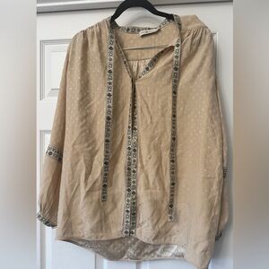 Tory Burch Beige Top with navy/cream accent logo ribbon